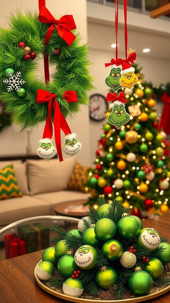 A collection of Grinch-themed Christmas decorations including a wreath, ornaments, and a table centerpiece.